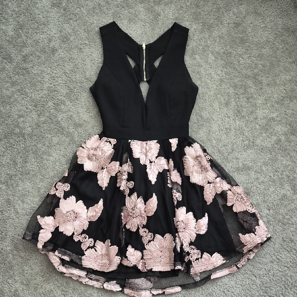 A'gaci Womens Black Dress with Blush Pink Floral Skirt